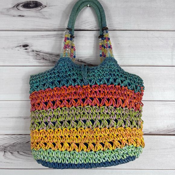 Cappelli Straworld Women's Handbag Tote Beaded Multicolored Wooden Button - Picture 3 of 11